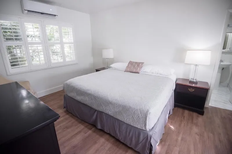 Deluxe room seen from the entrance, with wall-mounted air conditioning